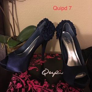 Blue satin peep toe heels with ruffle on heel